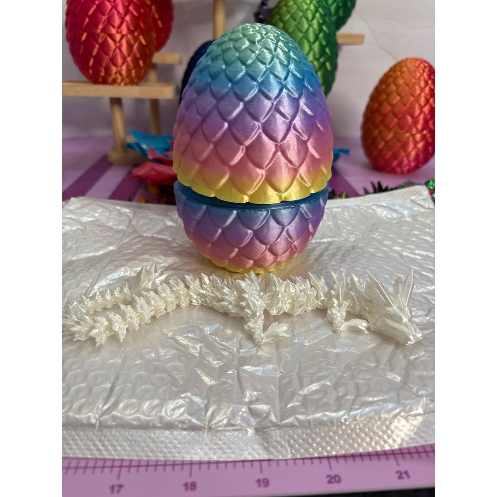 3D Printed Articulated Crystal Dragon with Rainbow Scale Egg RARE WHITE DRAGON